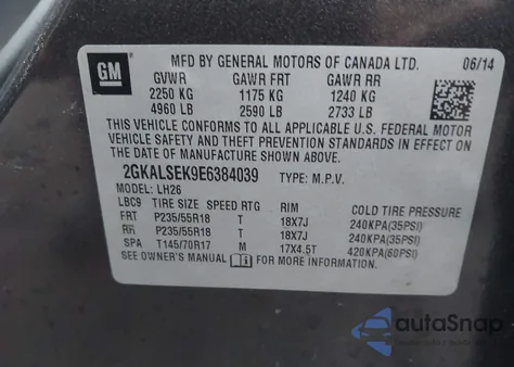 2014 GMC Terrain Slt-1 from USA, damaged, VIN 2GKALSEK9E6384039